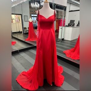 Sherri Hill 55069 D Red Beaded Strap Chiffon Cape Evening Gown 4 NWT